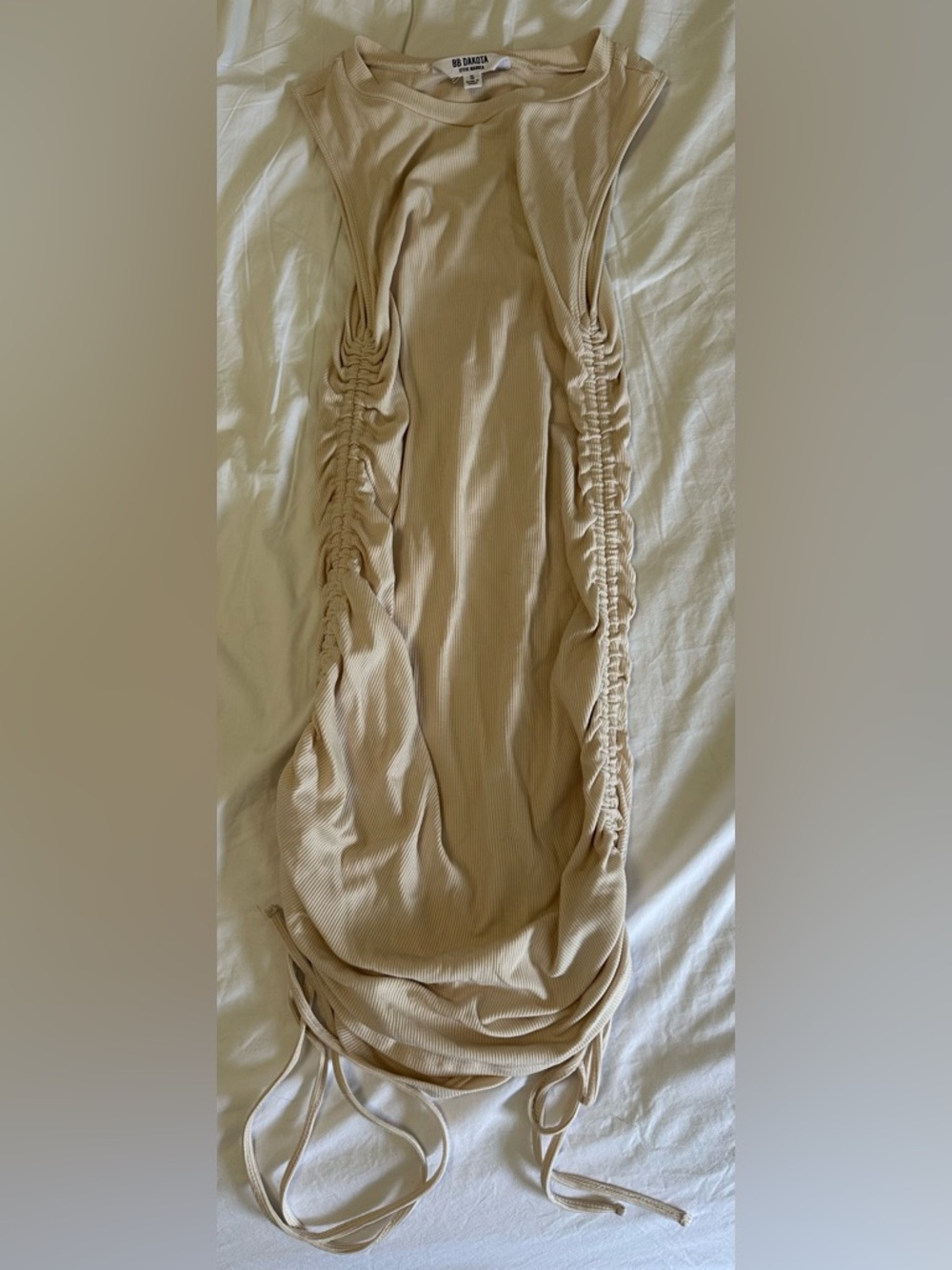 BB DAKOTA Steve Madden Women’s Beige Ruched Side Tie Bodycon Dress size S